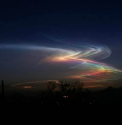 sixpenceee:  Rocket launches at sunset or sunrise produce a light show known as twilight phenomena. This occurs when the unburned fuel particles in the rocket trail and water condense, freeze and then expand in the thinner upper atmosphere. (Source)