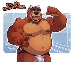 chocofoxcolin:  You, Me showers now  a commission for the big bullbear   dbear who really wants to hot the showers but who is calling?  https://www.furaffinity.net/view/17933821/ 