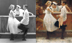 oftpffft:  slowlyeden:  Norman Rockwell reference photos alongside finished works  This is how using reference works Working smarter, not harder. 