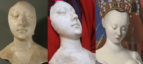 blondebrainpower:The death mask of Agnes Sorel, famous “Dame de beauté” and mistress of King Charles VII of France compared to the Jean Fouquet painting of her - 1450