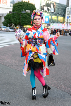 tokyo-fashion:  6%DOKIDOKI staffer Eriko Tsubaki on the street in Shibuya wearing a kawaii Japanese kimono from FuriFu with a 6%DOKIDOKI corset obi, Disturbia Clothing platforms, colorful makeup, and colorful 6%DOKIDOKI accessories. Full Look