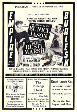 September ‘54 program ad for the ‘EMPIRE Burlesk Theatre’, featuring: Rusti Marsh, Eunice Jason.. As well as “The Kings Of Slapstick” : Billy “chees’n crackers” Hagan and Harry J. Conley!