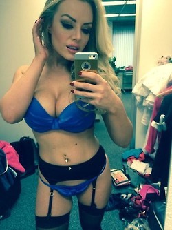 hot blonde bitch in blue sexy lingerie hot body and perfect big boobs selfie