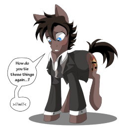 ask-joen-pony:  Joen: I’m only doing this for my mare, Chiffon who I’m going to the Winter Prom with. Also there better be some lemon pie there for me.  Cute &gt;w&lt;