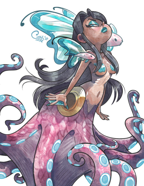 curlypie:  A patron reward drawing! The patron’s character Ominai as a bioluminescent octopus mermaid!   