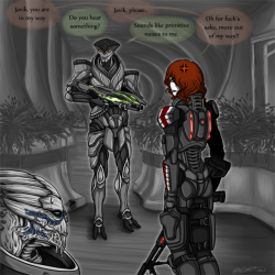 bargu:  Don’t you hate when your squadmates are standing in your damn way all the time….?Selene Shepard with her squad investigating  Ardat-Yakshi Monastery. Javik being ass and Garrus being not amused.