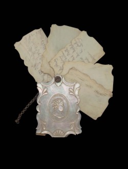 heaveninawildflower:   Dance card (ivory, mother-of-pearl, and gilt metal) still bearing faint traces of names. Mid-nineteenth century. French - used in America. Image and text courtesy MFA Boston. 