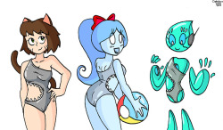 I’ve been seeing a lot of artists draw their OCs in those Sharkini bathing suits, so I did one too. Yuko looks pretty good in it, Abby’s butt is adorable as always, and Andromeda&hellip; she’s just happy to be included. 
