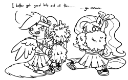 king-kakapo:   Random number generator has spoken, Y’all might be in for a treat.Today’s theme is:Rainbowdash dressed as a cheerleader Have fun   October Drawfriend challenge from /mlp/’s draw thread for October 22, 2013. The lineart wasn’t