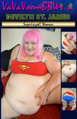   Super-Sized BBW Devilyn St. James looking sexy in her Super Woman/Man lingerie. To see more of all her rolls, belly hang, big luscious breasts, and big ole booty. Visit VaVaVoomBBWs.com  