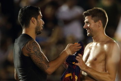 sirjocktrainer:  fcbmessi-deactivated20160119:  Los Angeles Galaxy’s Steven Gerrard and FC Barcelona’s Luis Suarez - International Champions Cup soccer match at Rose Bowl, Tuesday, July 21, 2015, in Pasadena.  They may be in different Teams on the