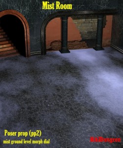 A Mist Room Poser prop for your scenes. You can adjust the level of the ground mist with a morph parameter dial. Get your room nice and misty in Poser 6+ and Daz Studio 4.5 and up! 20% off until 12/31/2017Mist Roomhttp://renderoti.ca/Mist-Room