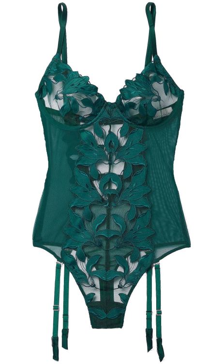 martysimone:  Fleur du Mal | Lily Embroidery Cupped Thong Bodysuit • in Evergreen + removable garter straps  
