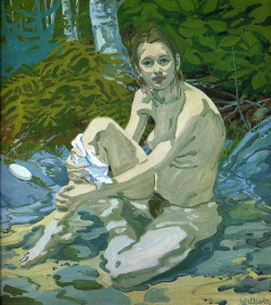 alongtimealone:  Neil Welliver - Diane with Soap [1967] (by Gandalf’s Gallery) 