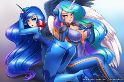 humanized-mane-six:  Luna and Celestia Cosplay by RacoonKun   zero suit lulu~ &lt;3