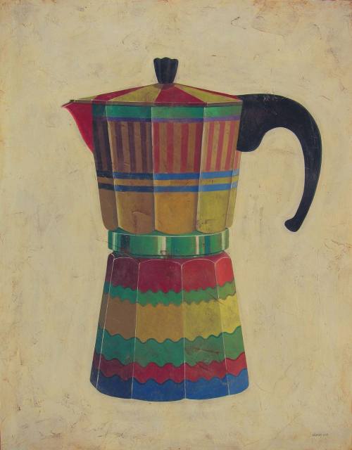 huariqueje:Brazilian coffee maker    -   Jordi Sàbat ,  c. 2019Catalan , b. 1960   -  Acrylic and collage on wood  ,   57 ½ × 44 9/10 in.       146 × 114 cm.