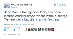 lalondes:  It’s been 49 days since the Connecticut Department of Children and Families imprisoned a sixteen-year-old trans girl of colour without a charge or conviction. She remains in solitary confinement in an adult prison indefinitely. The case is