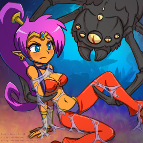 Shantae Two Spider BondageA curious giant inspects Shantae stuck in their web. Sticky silk is the best.Winning suggestion of the community event.//Like what you see? Support us for more on going art content, naughty versions, and events at:StickyScribbles
