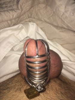 shoreguy23:  Morning wood.  Not very pleasant.  I’m trying to convince baby to let him out.  No luck yet 😔 #femdom #chastity #cock cage #tease &amp; denial 