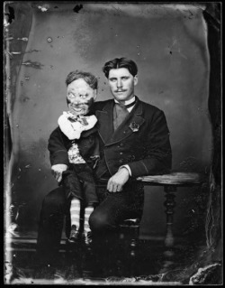 mcbiteypantspresents:  Man with his ventriloquist dummy .ca 1870.  Photographer: William James Harding Reference number: &frac14;-006818-G Wet collodion glass negative Photographic Archive, Alexander Turnbull Library 