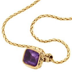 diamondsinthelibrary:  Gold Chain and Antique Gold and Amethyst Fob .  18 &amp; 14 kt., one cushion-shaped foiled-back amethyst ap. 21.0 x 18.0 mm., ap. 39.6 dwts. Length 24 inches. (Via Doyle New York.) 