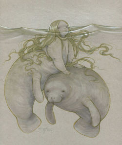 calmingmanatee:  savannahhorrocks:  Used the mermaid prompt on sketch dailies as an excuse to do a nice thing of one of my manatee mermaids. And a manatee! X3 Mixed media on toned grey paper!  Aw, look at this lovely piece by Savannah!   Is this a womanat