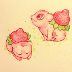 william-snekspeare:  I had a dream where there was a tiny pink version of bulbasaur called strawberry bulbasaur and it had a strawberry on its back.   So I drew it! In the dream they looked less like pigs. 