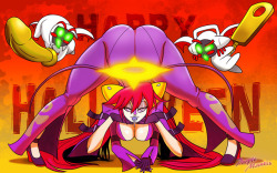 purple-mantis: HAPPY HALLOWEEN! I hadn’t done an original holiday specific thing in some time. So here’s Puce dolled up as Jack-O from Guilty Gear. With a pair of minions that may or may not be fans of @derpixon and @bard-botGo eat all the candy ya’ll!