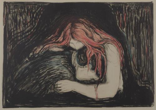 oncanvas:Vampyr (Vampire), Edvard Munch, 1895Hand-colored lithograph on paper18.69 x 24.69 in. (47.5 x 62.7 cm)Des Moines Art Center, Des Moines, IA, USA