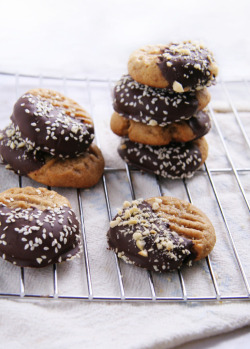 cake-stuff:  Chocolate Dipped Peanut Butter Cookies More cake &amp; cookie &amp; baking inspiration: http://ift.tt/1404eu8