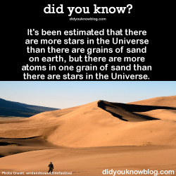 raito-taco:  did-you-kno:  It’s been estimated that there are more stars in the Universe than there are grains of sand on earth, but there are more atoms in one grain of sand than there are stars in the Universe. Source  