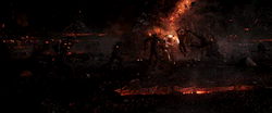 thorodinson:“Resolved to take Surtur’s severed head back to Asgard, Thor battles an army of several thousand smaller fire demons with his hammer, Mjolnir. Hela destroys the hammer later in the film, and Taika Waititi wanted to give it its last moment
