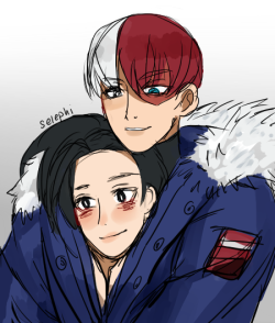 selephi:  Snuggling for warmth since Todoroki is basically a human heater. TodoMomo Week Day 4: Distance