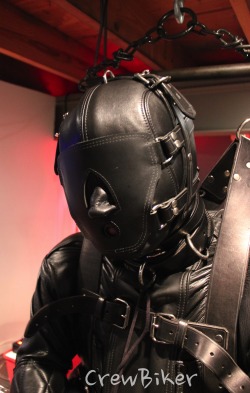rubbernaut:  crewbiker:  Suspended bondage gimp with milking and fucking machines.  Time to turn up the dial on each machine.  That’s hot!
