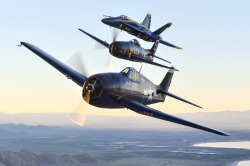 photoyage:  SALTON SEA (March 9, 2017) U.S. Lead Solo Pilot of the U.S. Navy Flight Demonstration Squadron, the Blue Angels, Cmdr. Frank Weisser participates in a heritage flight alongside an F6F Hellcat and F8F Bearcat aircraft over the Salton Sea and