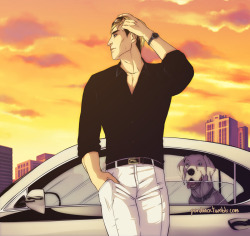 pandanoi:  More from our business!au eruri.Prompt was Erwin wearing a black shirt of sex, picking up his boyfriend from the office. Also introducing Erwin’s dog Ernst Ludwig Wilhelm von Bismarck, or simply Billy.Levi doesn’t like Billy, Billy doesn’t
