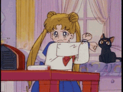 I am posting a picture of sailor moon stalling to do her homework in order to stall from doing my own homework.