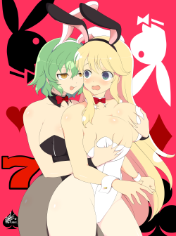 ninsegado91: rexy-stark:   Sorry for the late I know! HAPPY B-DAY KATSU-NEE!!! &lt;3    Finally another KatsuHika piece! and 2 sexy bunnies…. this time Hikage and Katsuragi have inverted each roles, and even if Katsuragi seems to be embarrassed by that,