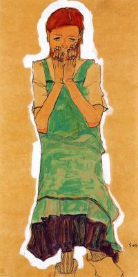 expressionism-art: Girl with Green Pinafore via Egon SchieleSize: 45.09x21.91 cm