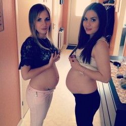 hugebellies:  “Well Baby, what do you think?  You’ve only been gone six weeks, but that time sure has done a number on our poor bellies. Remember how flat our stomachs were when I let you cum in both of us? You knew how fertile we were and about the