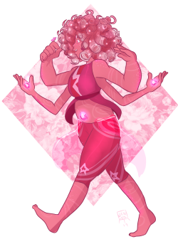 Strawberry Quartz, a fan fusion between Steven and Garnet made by @thighsformiles!! I just ADORE their design, they’re so sweet!!