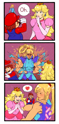 lachrymosley:  Happy E3! Here’s a SamusxPeach comic commission I did! Thank you @lady–peaches!! 