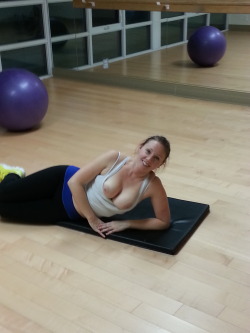 badgirlsflashing:  &ldquo;My wife flashing at our gym&rdquo; Awesome picture!  Thanks for sending it in.  Does she often flash her boobs in public?  If so, we would love to see more of your hot wife doing her thing!  Send In Pics of Your GirlFlashing