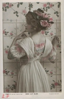 fashionologyextraordinaire:  Lily Elsie  tinted postcard, c.1910    Saved from: www.pinterest.com
