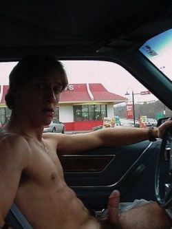 exhibitionistbostonguy: nakedoutdoorguys:  Perfect clothes for a drive through  Love going nakid thru a drive thru!! 