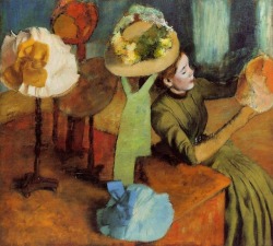 Edgar Degas (French, 1834-1917), The Millinery Shop, about 1879-1886; oil on canvas, 100 x 110.7 cm; Art Institute of Chicago   “ [&hellip;] In an early version of the composition, the woman is clearly intended to be a customer; she wears a fashionable