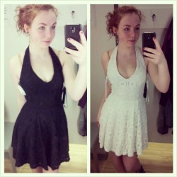 amandamoskal:  Black or white? #black #white #dress #dresses #changeroom #store #mirror #hair #up #choice #choose