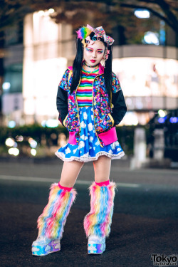 tokyo-fashion:  Japanese art school student Chami on the street in Harajuku wearing a 6%DOKIDOKI jacket over a WC Harajuku striped top, a skirt from Kiki2, faux fur leg warmers, YRU cloud platforms, and colorful Claire’s accessories. Full Look