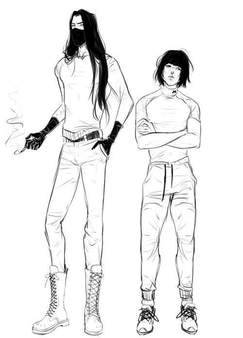 Fashion sketches from a recent roleplay between my partner and I. We’ve named this AU “Stranger Danger.” ( @skogselv on the right and me on the left)AU Description under the cut (mild nsfw warning):In this AU, we’ve been speaking on an online