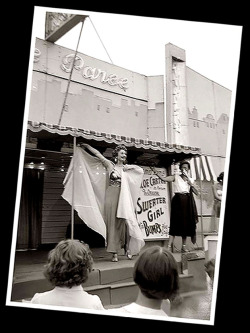 Chloe Carter      aka. &ldquo;The Original Sweater Girl&rdquo;.. Vintage 50&rsquo;s-era candid photo captures Ms. Carter presenting herself to prospective audience members, from the Bally stage of an unidentified carnival girlie-show..
